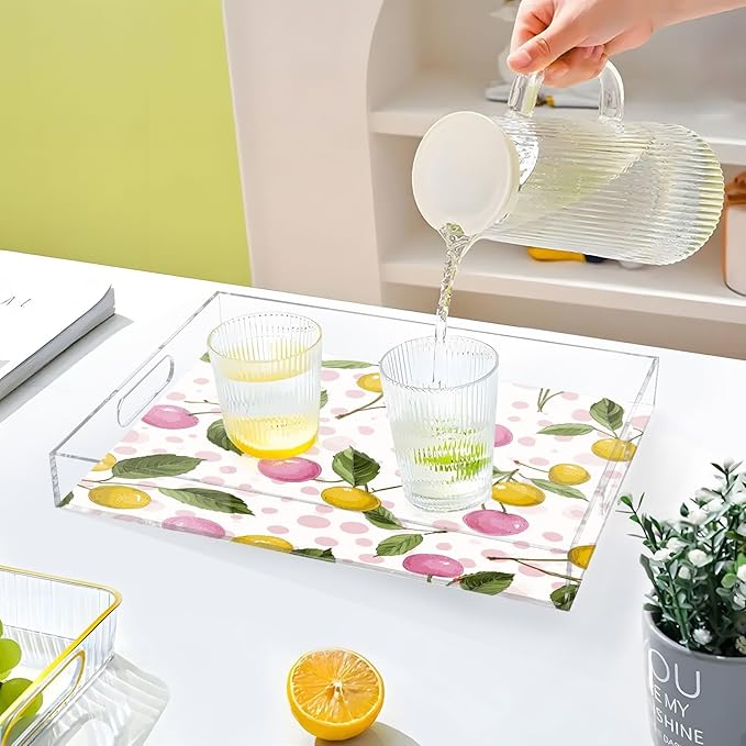 Serving Tray with Handles Clear Acrylic Tray 12x16 Inch Decorative Rectangular Tray Organizer for Ottoman Coffee Table Bathroom Cute Cherry Pink Dots