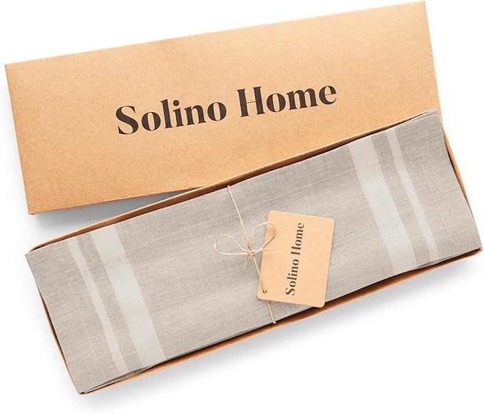 Solino Home Linen French Stripe Placemats Set of 4-100% Pure Linen White and Natural Placemats 14 x 19 Inch
