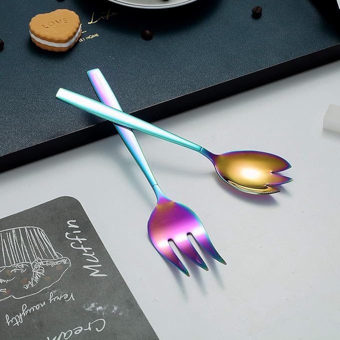 HOMQUEN Rainbow Serving Set - 10 Piece Colorful Flatware, Includes Slotted Spoon, Cake Server, Sugar Spoon, Soup Ladle, Wedding Cake Knife