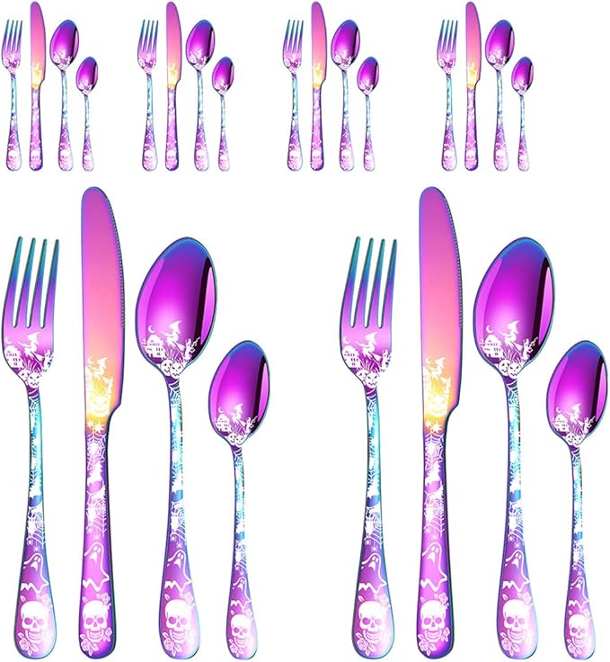 XIAOYU 24-Piece Halloween Themed Skull Silverware Set, Gothic Skull Pattern Design, Stainless Steel Flatware Set Serving for 6, Knives Forks Spoons Cutlery Daily Halloween Party Event, Rainbow