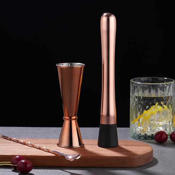 Rosegold Muddler for Cocktails, Matching Jigger and Bar Spoon with Bar Muddler - 3 Pcs Cocktail Muddler Set
