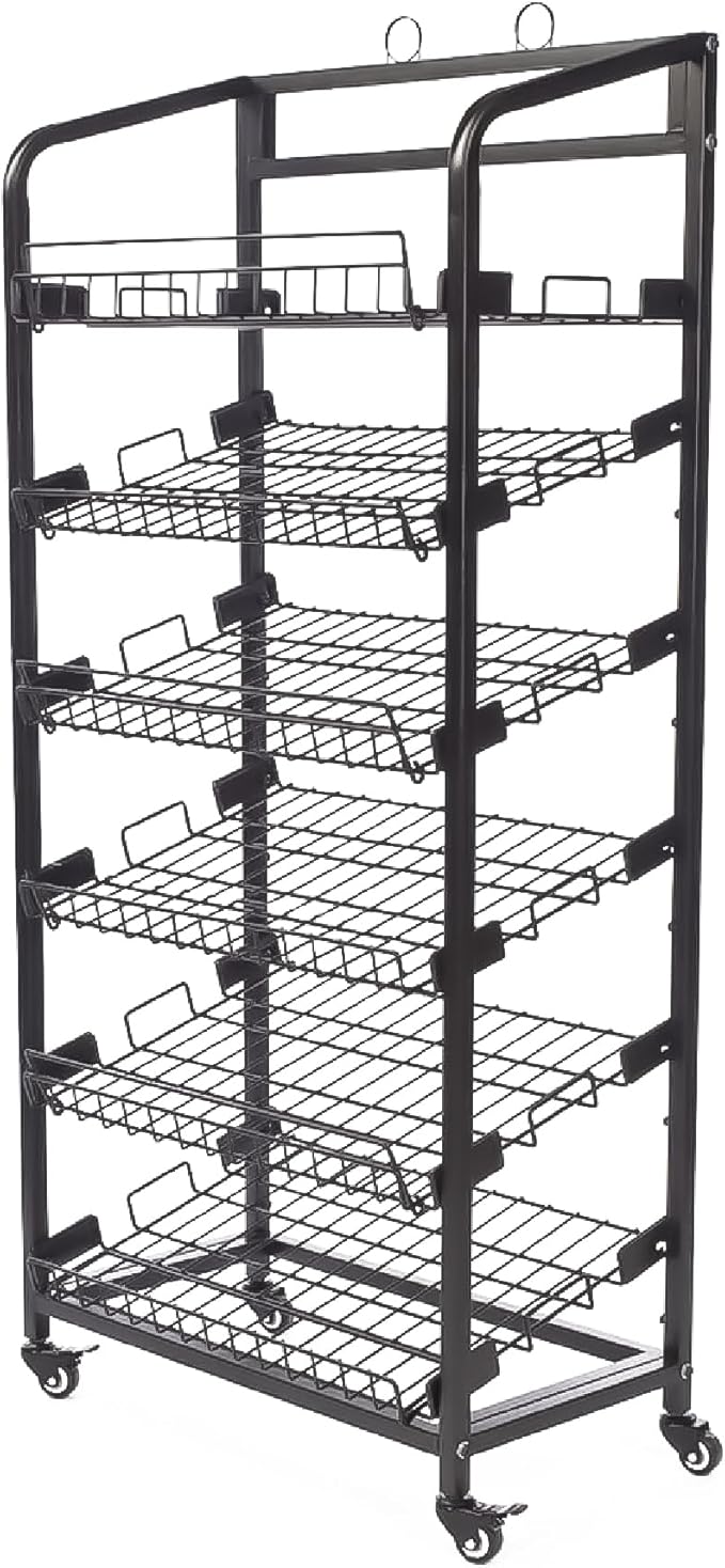 6-Tier Metal Bakery Display Rack with Wheels & Sign Holder – 29″W x 18″D x 65″H Adjustable Wire Shelves – Powder-Coated Rolling Stand for Store, Café, Farmers Market – Easy Assembly