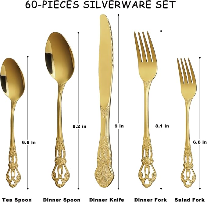 Gold Silverware Set for 12, Stainless Steel Gorgeous Retro Royal Flatware Set, 60-Pieces Cutlery Tableware set, Kitchen utensils set Include Spoons And Forks Set, Mirror Finish, Dishwasher Safe
