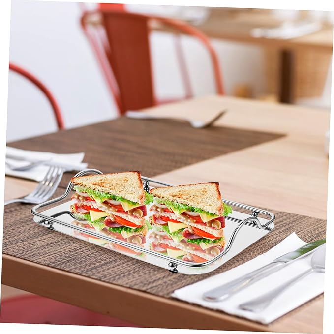 Veemoon Stainless Steel Serving Tray Rectangular Tray Handles Coffee Bar Accessory Organizer for Entertaining Parties