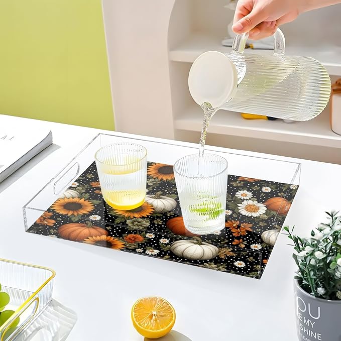 Serving Tray with Handles Clear Acrylic Tray 12x16 Inch Decorative Rectangular Tray Organizer for Ottoman Coffee Table Bathroom Black Dotty Pumpkins Sunflowers Daisy