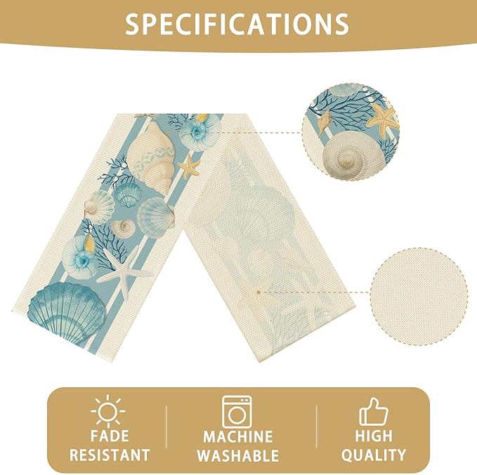 Seashells Starfish Table Runner Seasonal Holiday Kitchen Dining Linen Table Decoration for Indoor Outdoor Home Party Decor 13 x 72 Inch