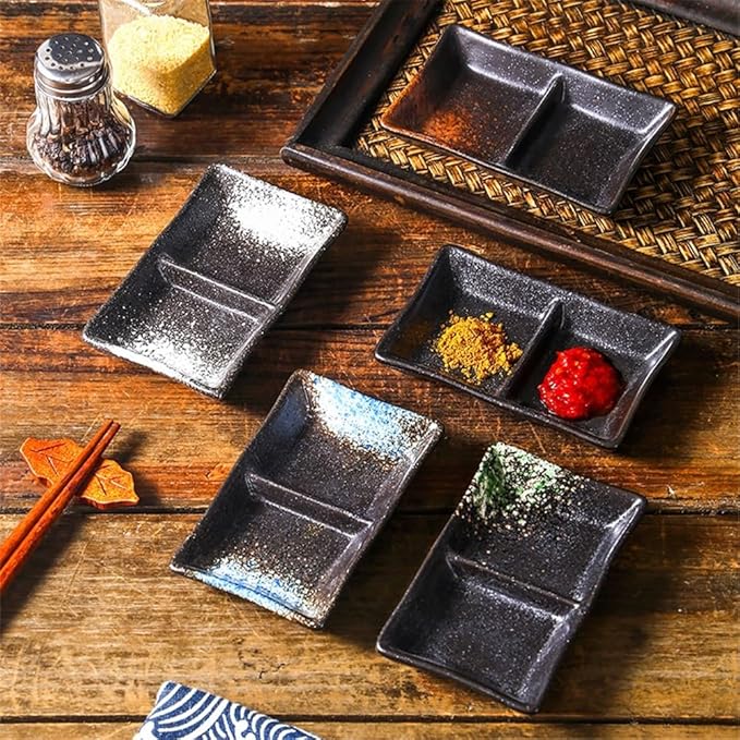 Appetizer Plates Double-grid Ceramic Soy Sauce Plate Barbecue Seasoning Dipping Dish Divide Sushi Meals Dishes for Condiment(Black)