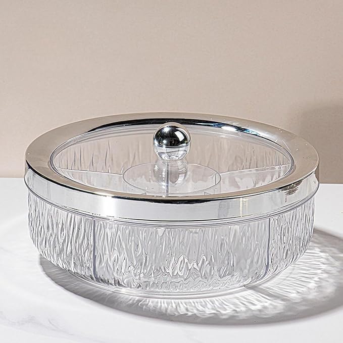 Divided Serving Tray with Transparent Lid Snack Tray Rotatable Base Appetizer Platter with 6 Compartments Dessert Dish Suitable for Gift Giving Home D, Silver Ball