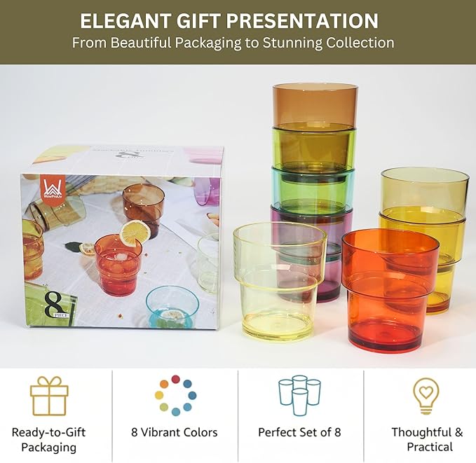 WowProLiv 14 oz Plastic Stackable Drinking Tumblers, BPA-Free, Dishwasher Safe, Durable Shatterproof Reusable Kid Cups, Everyday Water/Juice Glasses for Indoor/Outdoor (Set of 8, Gift Box)