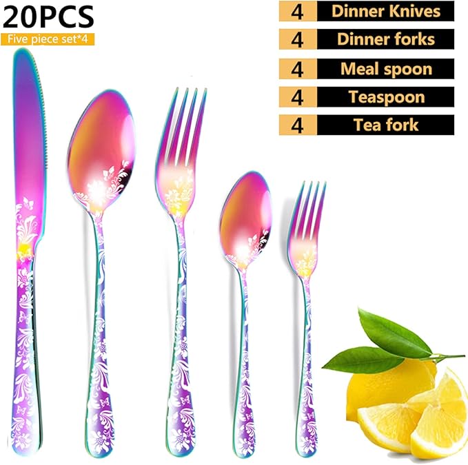 vilihkc 20 piece Unique Pattern Design Silverware Set, Stainless Steel Flatware Set Service for 4, Colorful Cutlery Set, Mirror Polished Utensil Set for Kitchen, Dishwasher Safe