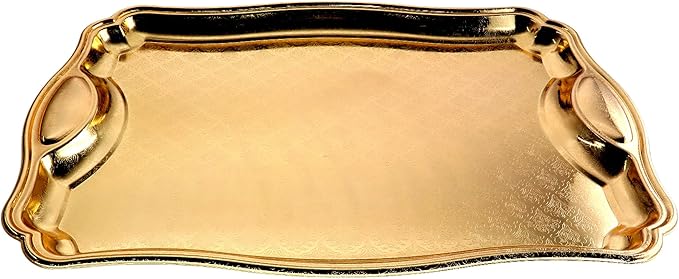 19.5 inch x 13.8 inch Oblong Iron Gold Plated Mirror Serving Tray with Handles Floral Engraved Decorative Party Birthday Dessert Wine Decor Platter Plate Base Dish FST-081