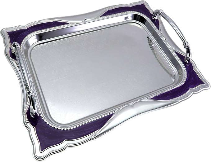 14.2 inch x 10.2 inch Rectangular Chrome Plated Silver Serving Tray with Handles Iron Purple Floral Engraved Decorative Wedding Dessert Buffet Wine Decor Platter Plate FST-034