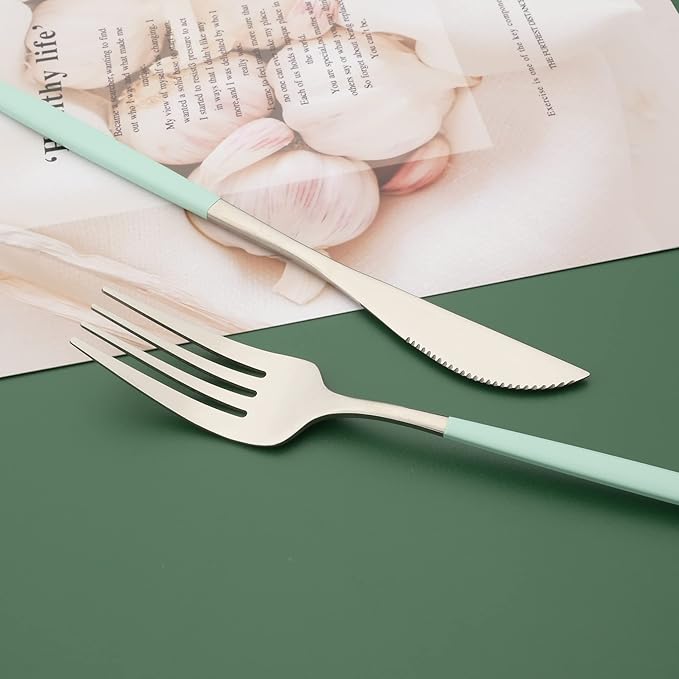 Silverware Set, 24 Pcs Stainless Steel Flatware Cutlery Set, Knives Forks and Spoons Set with Colored Handles, Rust-proof Serving Utensils, Mirror Polished, Service for 6 (Silver+Green)