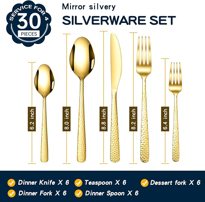 Hammered Silverware Set, 30 Pieces Flatware Set Service for 6, Mirror Polished Cutlery Utensil Set Include Fork Knife Spoon Set Dishwasher Safe, Premium Stainless Steel (Gold-30)