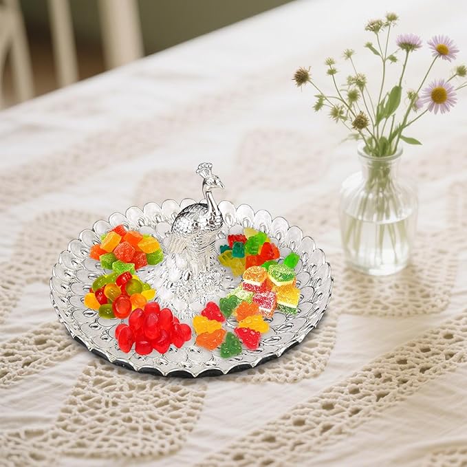 Fruit Dish Cosmetic Tray Peacock Sturdy Snack Storage Plate Vanity Storage Holder Serving Tray for Trinket Jewelry Wedding, Silver White