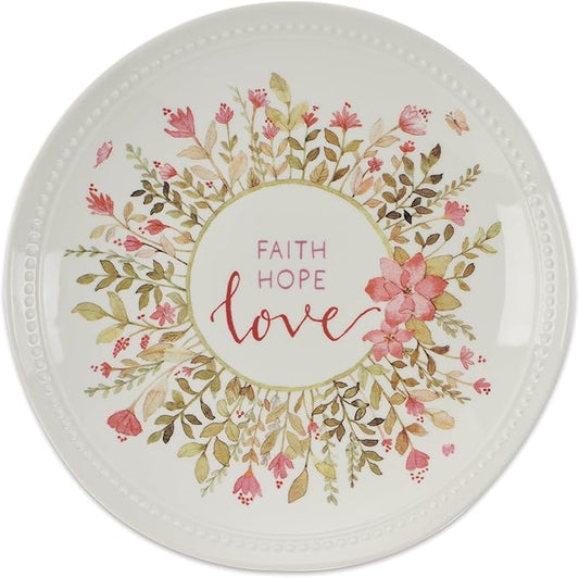 WITH LOVE 9" Ceramic Serving Plate for Home & Kitchen: Faith Hope Love Pink Floral Inspirational Dish for Appetizers, Desserts, Snacks-Food Safe, Lead & Cadmium-free