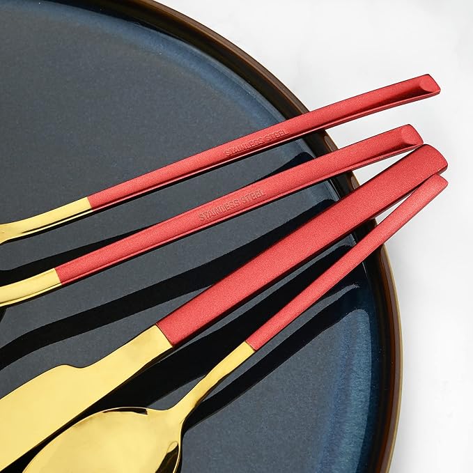 24 Piece Mirror Golden Plated 18/0 Stainless Steel Flatware Set, Red Handle With Golden Mouth Silverware Set With Teaspoon Cutlery Set Service for 6