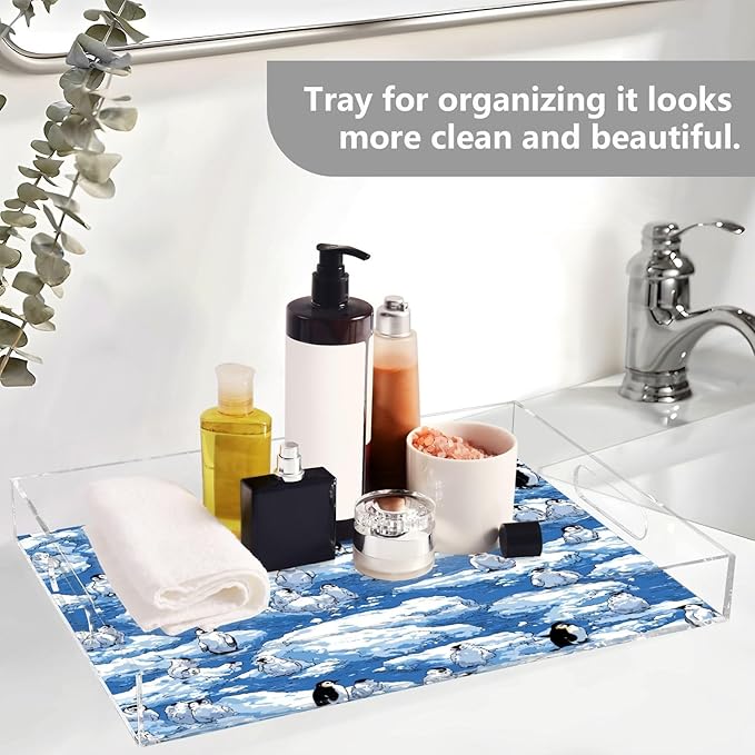 Serving Tray with Handles Clear Acrylic Tray 12x16 Inch Decorative Rectangular Tray Organizer for Ottoman Coffee Table Bathroom Blue Penguins Ice Floes Snow Water