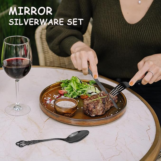 Black Silverware Set for 12, Stainless Steel Gorgeous Retro Royal Flatware Set, 60-Pieces Cutlery Tableware set, Kitchen utensils set Include Spoons And Forks Set, Mirror Finish, Dishwasher Safe