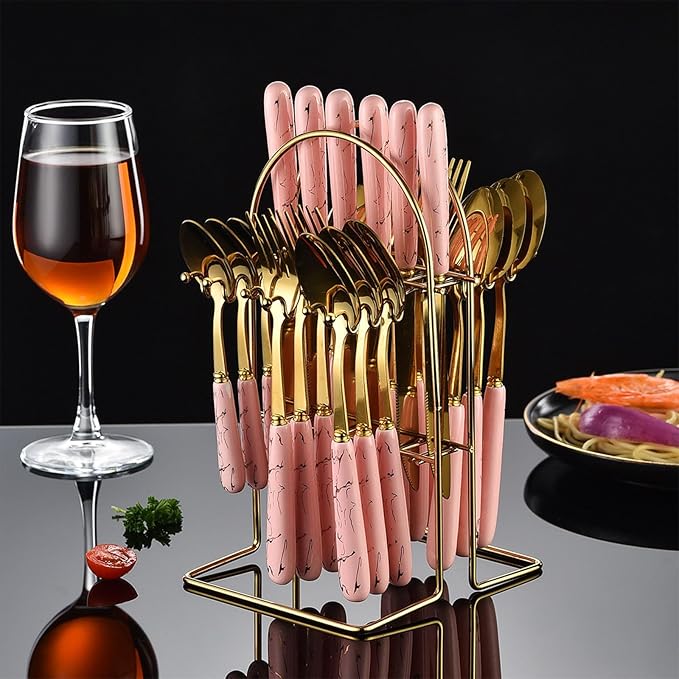 24 Pieces Flatware Set, Stainless Steel Cutlery Set with Silverware Holder, Modern Gold Silverware Set Includes Dinner Knives Forks Spoons,Hanging Silverware Set Service for 6 (Pink Gold)