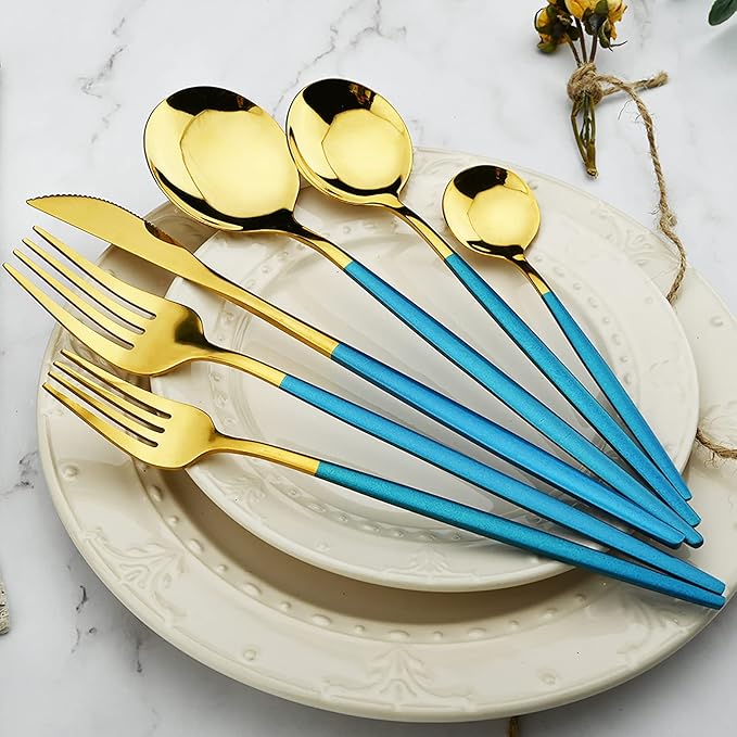 24Pcs Gold Mirror Silverware Flatware With Blue Handle, 18/0 Stainless Steel Cutlery Set Utensils Kitchen Dinnerware Include Knife Fork Spoon and Teaspoon, Service for 4