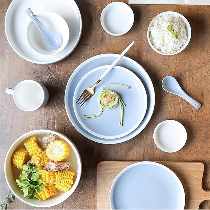 Elegant China Dinnerware Set,Dinner Plate Ceramics Dinner Sets, 38 Pieces Matte Blue and White Border Porcelain Combination Set Bowl Dish Mug | Nordic Style Hotel Dinnerw