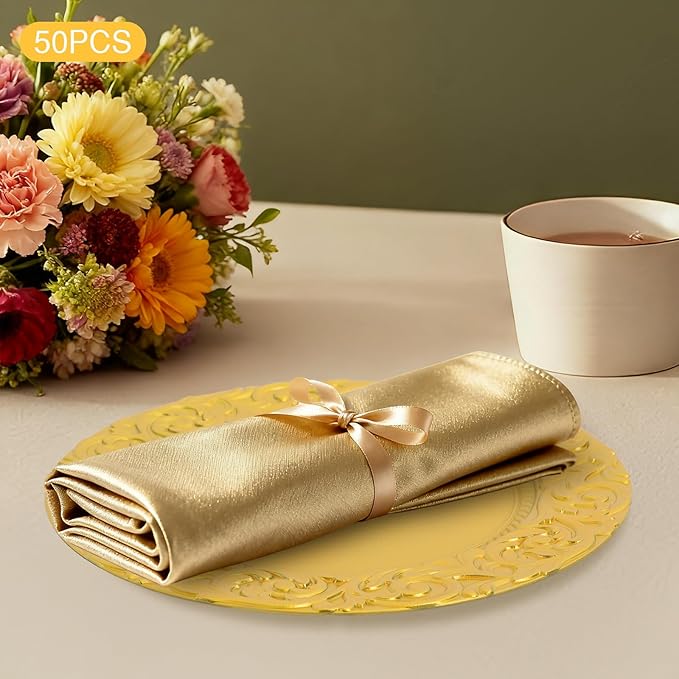 50 Pcs Antique Gold Charger Plates Bulk Round Plastic Dinner Plate Embossed Rim Server Plate Decorative Chargers Floral Plates for Dinner Parties Wedding,13 Inch (gold-50pcs)