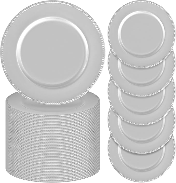 fani 100 Pcs Silver Charger Plates Bulk, 13'' Round Beaded Dinner Charger Plates, Plastic Reusable Vintage Table Decoration for Wedding, Party, Reception, Event, Holiday Supplies