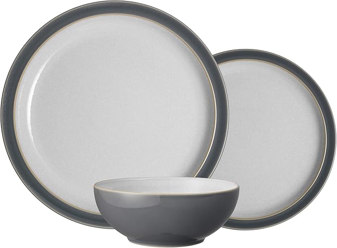 Denby - Elements Fossil Grey Dinner Set For 1-4 Piece Ceramic Tableware - Dishwasher Microwave Safe Crockery Single Place Setting - 1 x Dinner Plate, 1 x Small Plate, 1 x Cereal Bowl, 1 x Coffee Mug