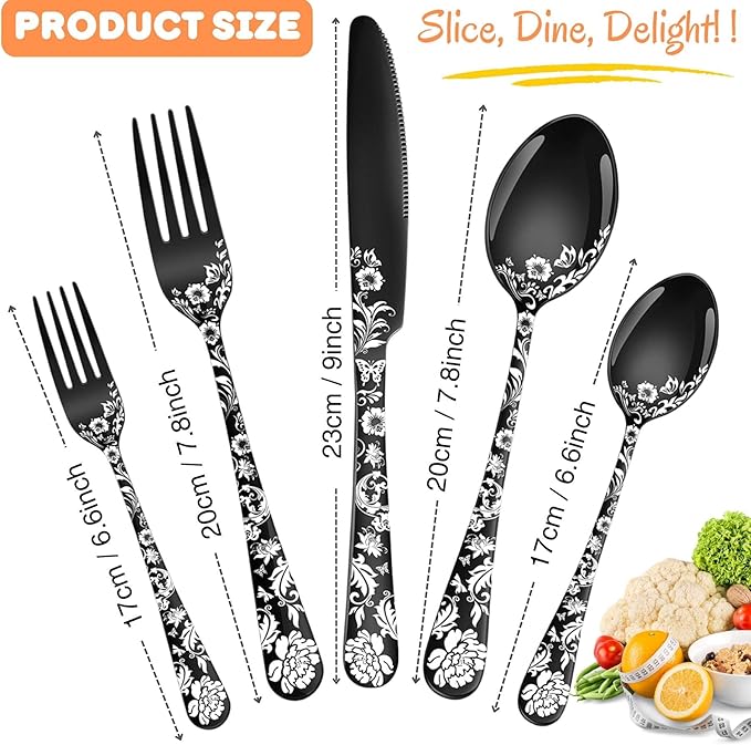 Vilihkc 20-Piece Peony Flower Pattern Design Silverware Set, Stainless Steel Flatware Set for 4, Black Cutlery, Mirror Polished Utensils, Dishwasher Safe