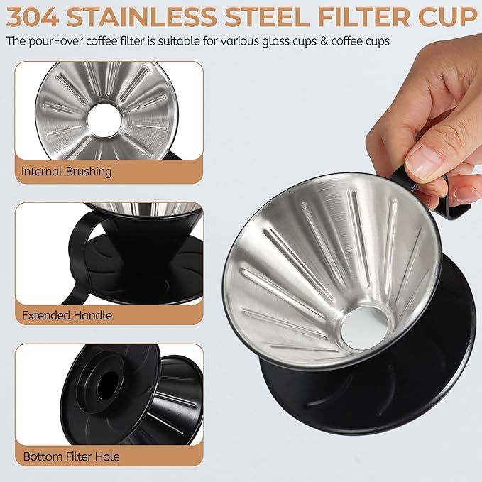 Uncoated Pour Over Coffee Maker 300ml Portable Cup 304 Thickened Stainless Steel Drip Coffeemaker Set with 50pcs V60 Cone Paper Filters Hand Brew Dripper Carafe for Home Camping Travel 10.2oz Black