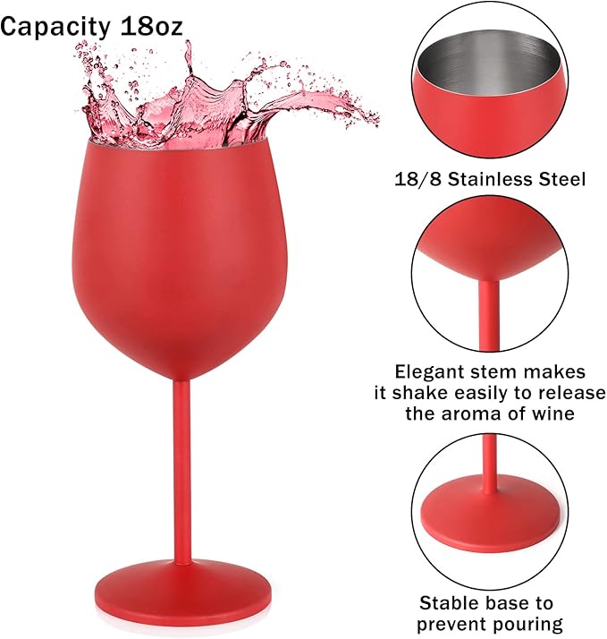Lifecapido Stainless Steel Wine Glasses Set of 2, 18oz Stainless Steel Wine Goblets, Stemmed Metal Wine Glasses with Cup Brush for Party Office Wedding Anniversary, Great for Red White Wine (Red)