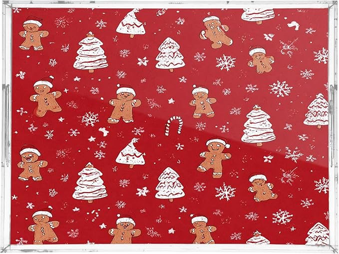 Serving Tray with Handles Clear Acrylic Tray 12x16 Inch Decorative Rectangular Tray Organizer for Ottoman Coffee Table Bathroom Gingerbread Christmas Tree01