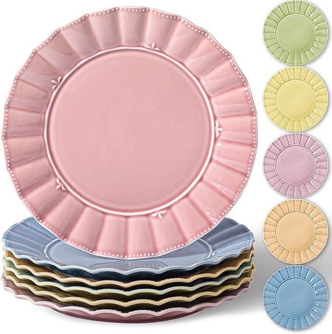 HOMBENE Dinner Dinner Plates 10.5 Inches Set for 6, Ceramic Plates, Salad Serving Plates, Wavy Style, Microwave & Dishwasher Safe Plates for Cake Waffles Snacks (Mixed Colors)