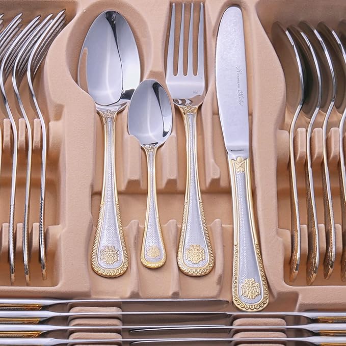 Royal Family Collection 72 Piece Fine Flatware Silverware Set with Gift Carrying Case, Elegant Design, Serves Parties 12 people, Perfect Housewarming Graduation for Loved Ones, Gold