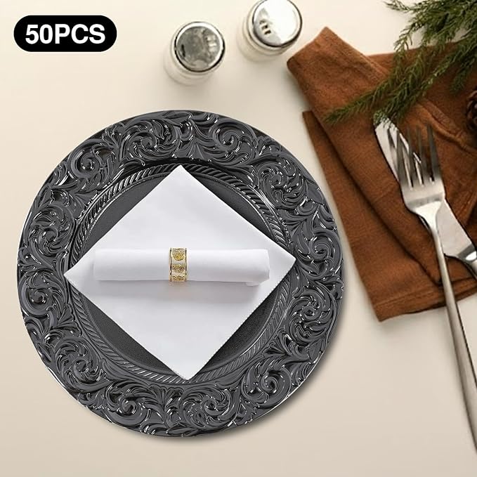 50 Pcs Antique Charger Plates Bulk Round Plastic Dinner Plate Embossed Rim Server Plate Decorative Chargers Floral Plates for Dinner Parties Wedding,13 Inch (balck-50pcs)