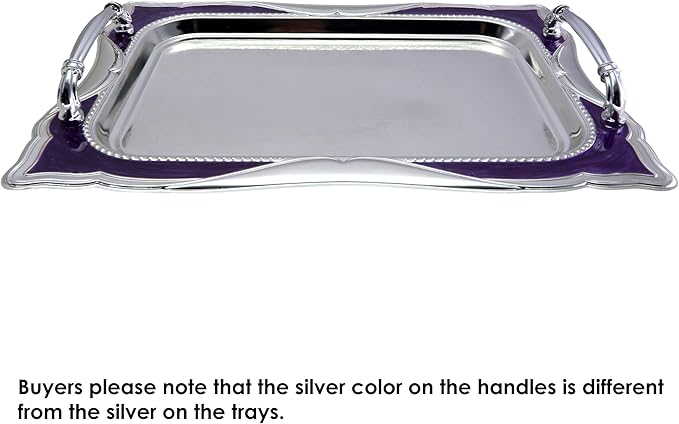 14.2 inch x 10.2 inch Rectangular Chrome Plated Silver Serving Tray with Handles Iron Purple Floral Engraved Decorative Wedding Dessert Buffet Wine Decor Platter Plate FST-034