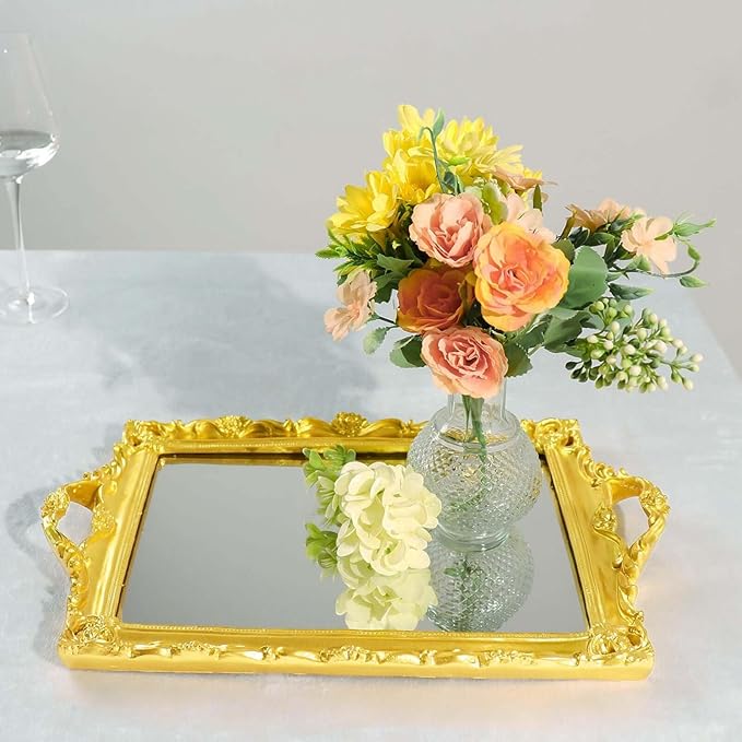 Efavormart Metallic Gold Resin Decorative Serving Tray - Rectangle Mirrored Vanity Tray - 15"x10"