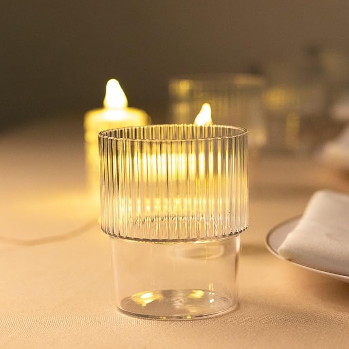 TCF Linen 12 Pack Clear Plastic Tumblers, 7oz Stackable Ribbed Reusable Shatterproof Short Drinking Glasses, Elegant Origami Design for Weddings Parties Catering Cocktails