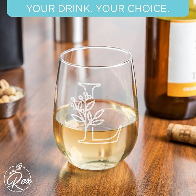 On The Rox Drinks Monogrammed Gifts For Women and Men - Letter A-Z Initial Engraved Monogram Stemless Wine Glass - 17 Oz Personalized Wine Gifts For Women and Men (L)