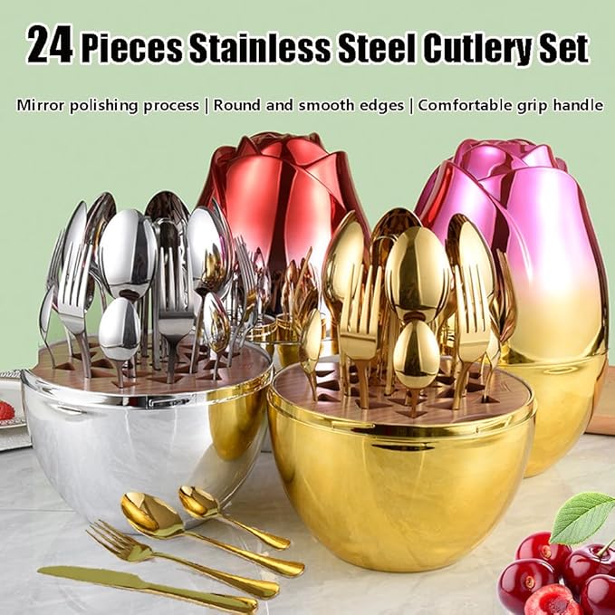 24pcs Stainless Steel Flatware Set, Rose Shape Cutlery Set, Mirror Polished Tableware Eating Utensils Set For 6, Tableware Cutlery Knife Fork Spoon Set, For Home Restaurant,Color-B