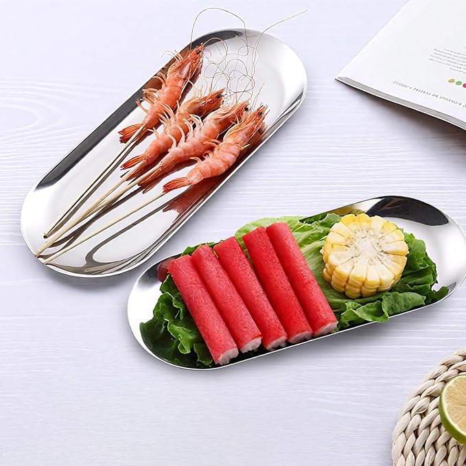 9x3.8Inch Silver Stainless Steel Decorative Tray, Oval Stainless Steel Small Serving Trays for Tea Fruit, Jewelry Plate, Decorative Storage Tray