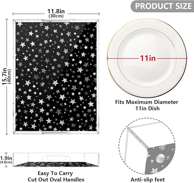 Serving Tray with Handles Clear Acrylic Tray 12x16 Inch Decorative Rectangular Tray Organizer for Ottoman Coffee Table Bathroom Sparkly Silver Stars