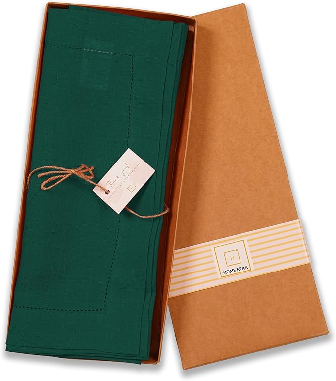 Home Ekaa 100% Pure Linen Green Table Runner 14 x 120 Inch Long - Washable Cloth Fabric Hemstitch Runner for Christmas, Fall, Holiday, Winter & New Year - Elara