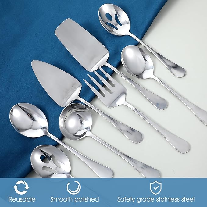 8 Pcs Stainless Steel Serving Utensils, Serving Set with Serving Spoons,Serving Fork,Soup Ladle,Lasagna Server,Pie Server,Polished Serving Utensil Set for Buffet Parties Home,Dishwasher Safe
