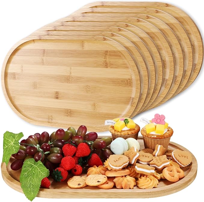 Tanlade 8 Pieces Bamboo Serving Tray Oval Bamboo Serving Tray Rustic Wood Trays for Crafts Large Christmas Decorative Wooden Platter for Tea Coffee Table Cup Food Kitchen Dessert Veggie, 16 x 10 Inch