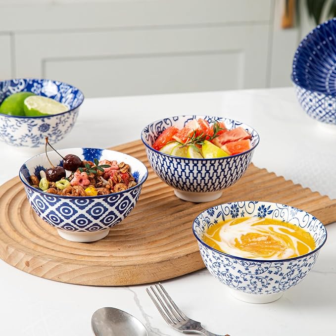 24 Pieces Ceramic Dinnerware - 12 Oz Dessert Bowls and 8.5 Inch Salad Plates and 24 Oz Cereal Bowls and 16 Oz Coffee Mugs Sets - Service for 6 - Vintage Blue