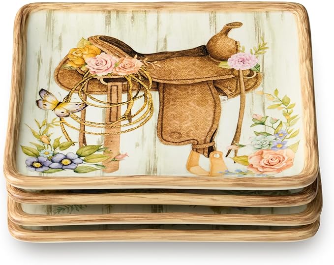 Rosewood 6-Inch Canape Plates, Set of 4, Western-Inspired Designs with Floral Cowboy Boots, Saddle, Cactus & Horse, Rustic Wood-Grain Background, Durable Ceramic for Appetizers & Desserts