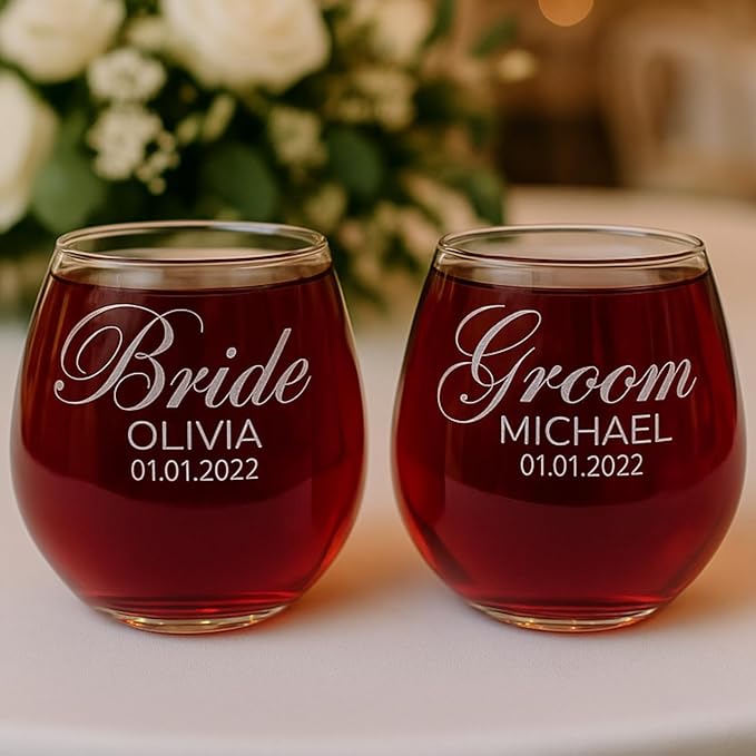 Gifts Inscribed Personalized Mr and Mrs Wine Stemless Glass Set of 2 – Custom Engraved Wedding Stemless Wine Glasses Gift for Couples, Engagement, Birthday, or Anniversary