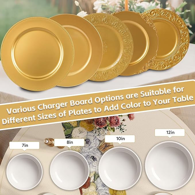 189 Pcs Charger Plates Set Bulk, 50 Pcs 13'' Gold Charger Plates 129pcs Balloons Different Sizes 18 12 10 5 Inch 10 Pack 54 x 108 Inch Disposable Table Cloth Set For Dinner Wedding Party Decoration
